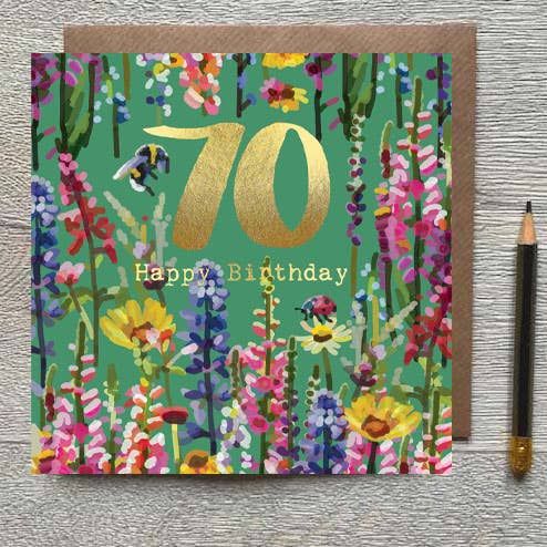 70th Wild Flowers With Bee &amp; Ladybug Gold Foiled Birthday Card