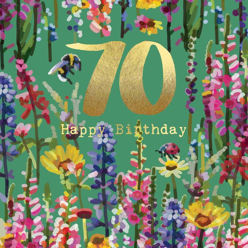 70th Wild Flowers With Bee &amp; Ladybug Gold Foiled Birthday Card
