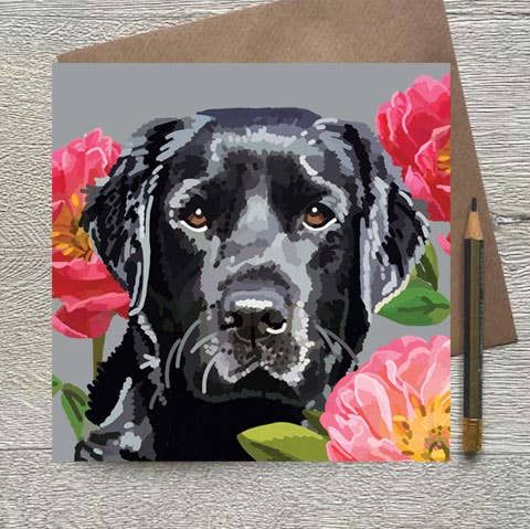Black Labrador In Flowers Greeting Card