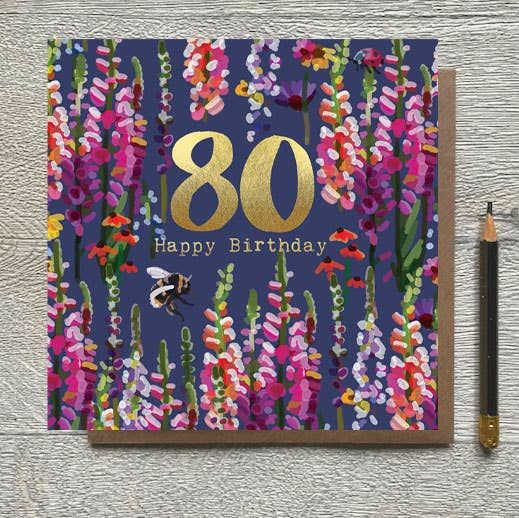 80th Wild Flowers With Bee Gold Foiled Birthday Card