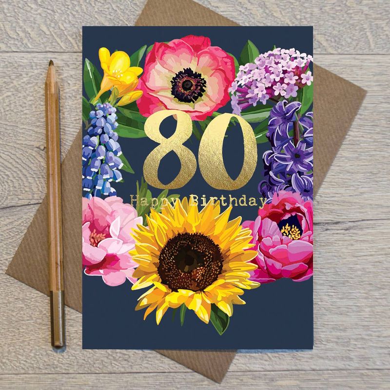 80 Happy Birthday Floral Gold Foiled Birthday Card