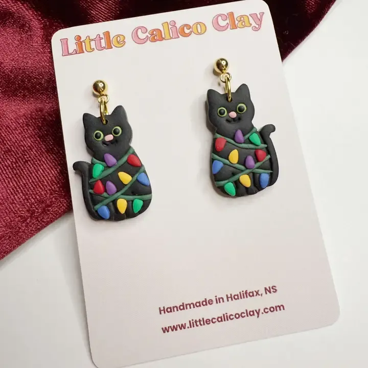 Christmas Tangled Cat Clay Earrings