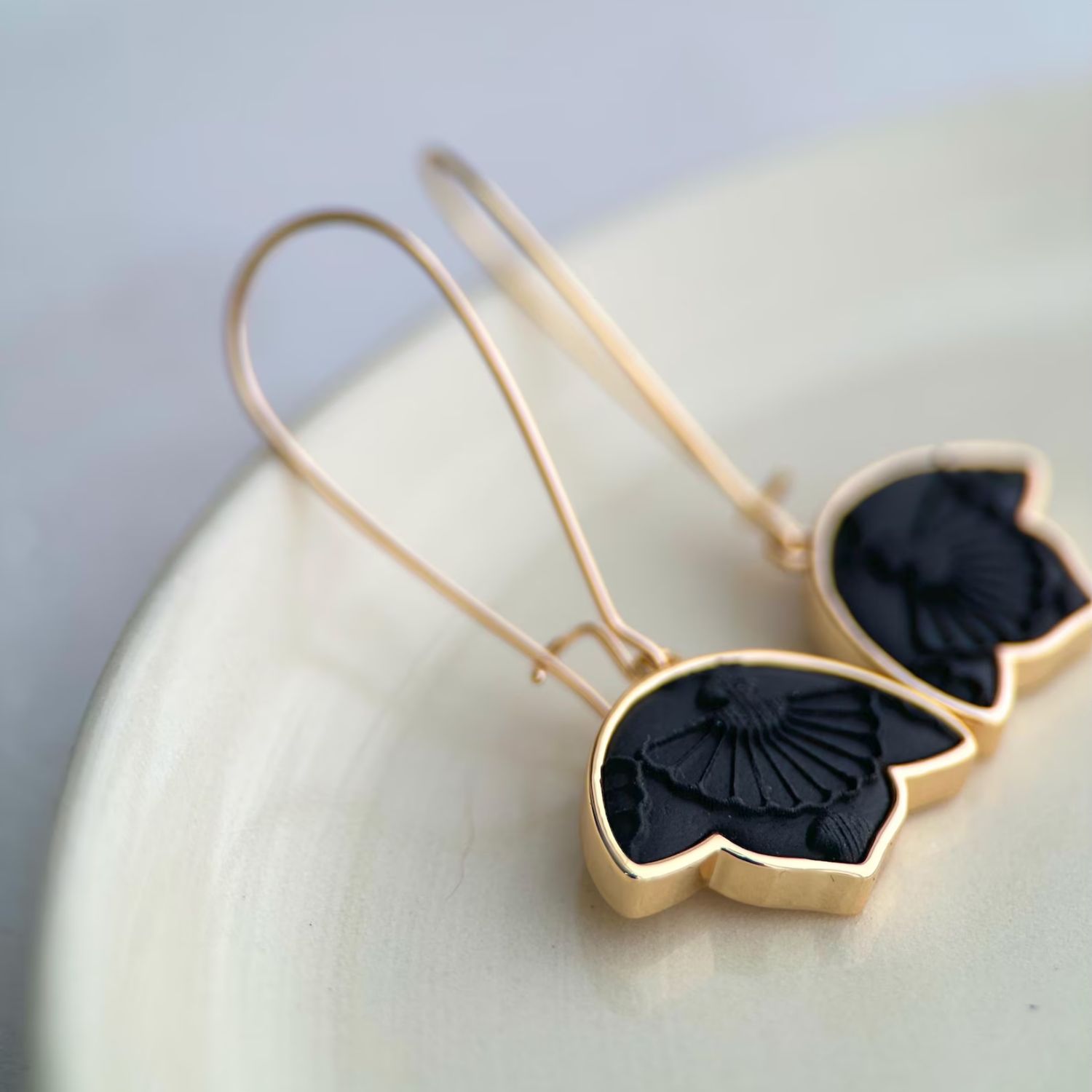 Black Art Deco Polymer Clay Earrings Gold