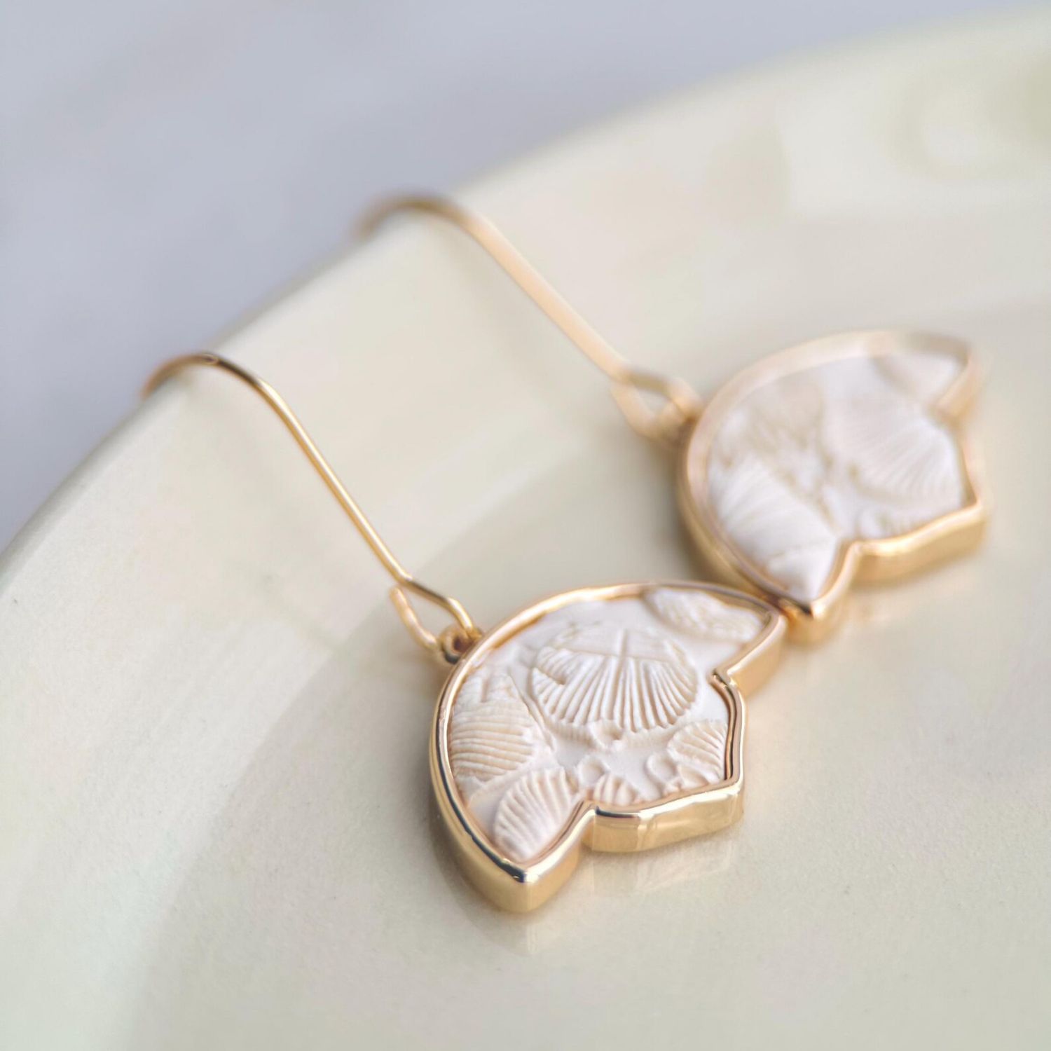 White Art Deco Polymer Clay Earrings Gold