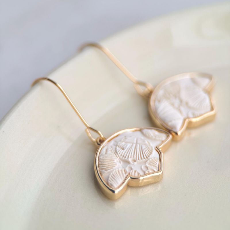 White Art Deco Polymer Clay Earrings Gold