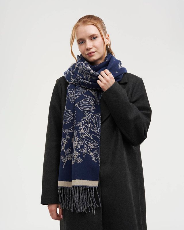 Midnight Garden Long Jacquard Scarf in Navy