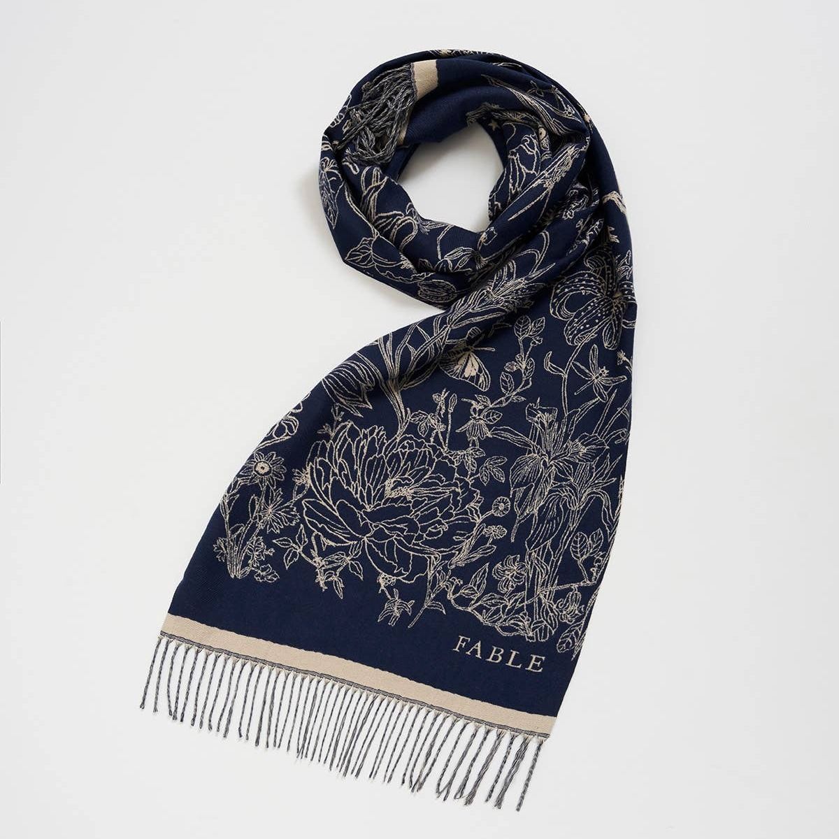 Midnight Garden Long Jacquard Scarf in Navy