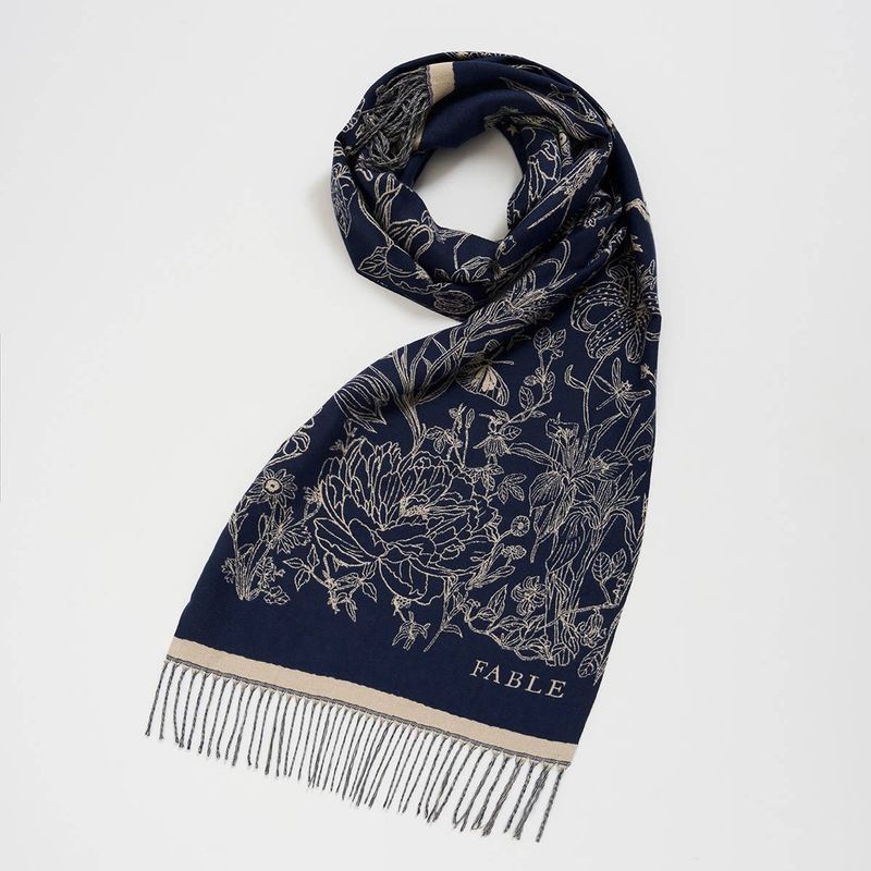 Midnight Garden Long Jacquard Scarf in Navy