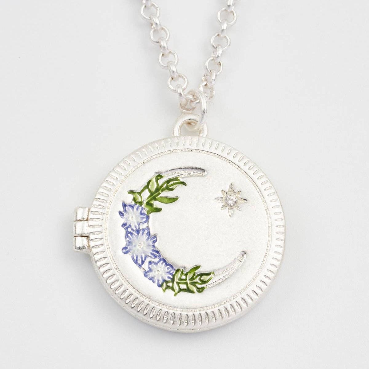 Nightshade Moon Round Silver Locket Chain Necklace