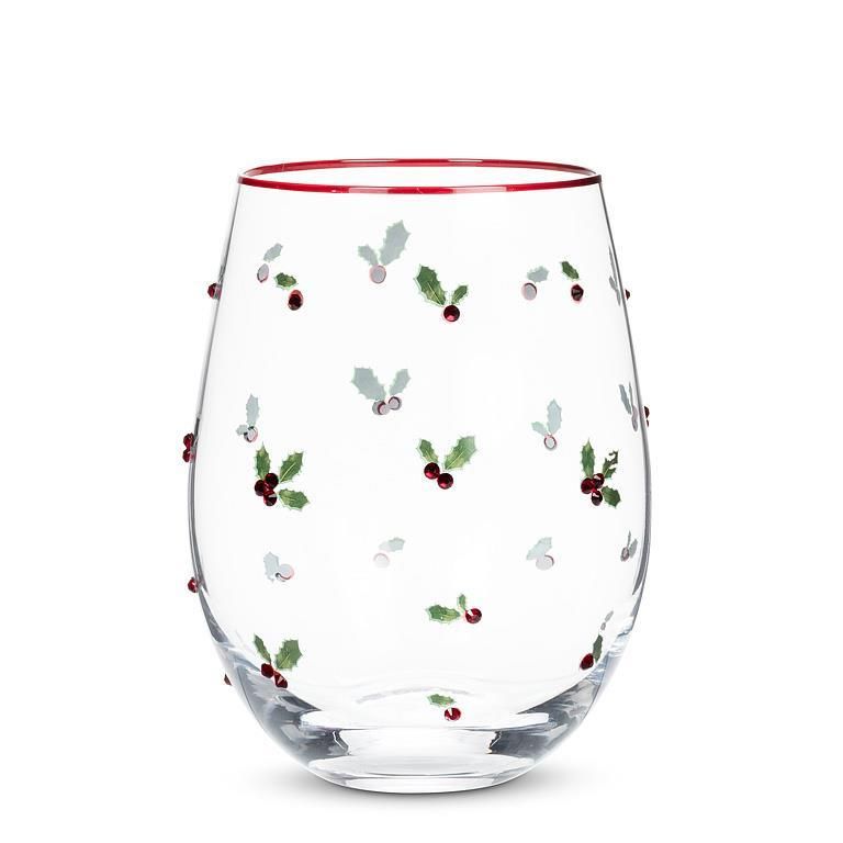 Holly with Berries Stemless Wine Glass