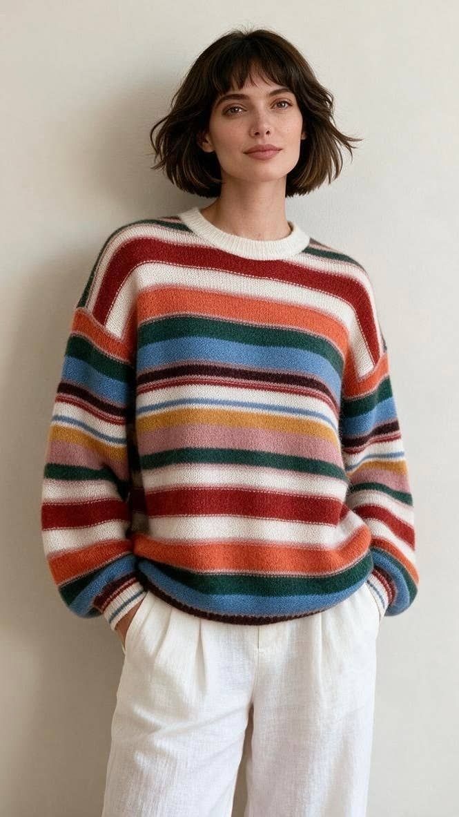 Stripe Mohair Wool Blend Knit Sweater, Color: Rainbow Stripe, Size: 1