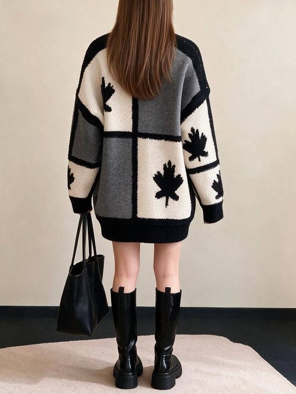 Oversized Maple Leaf Knit Cardigan