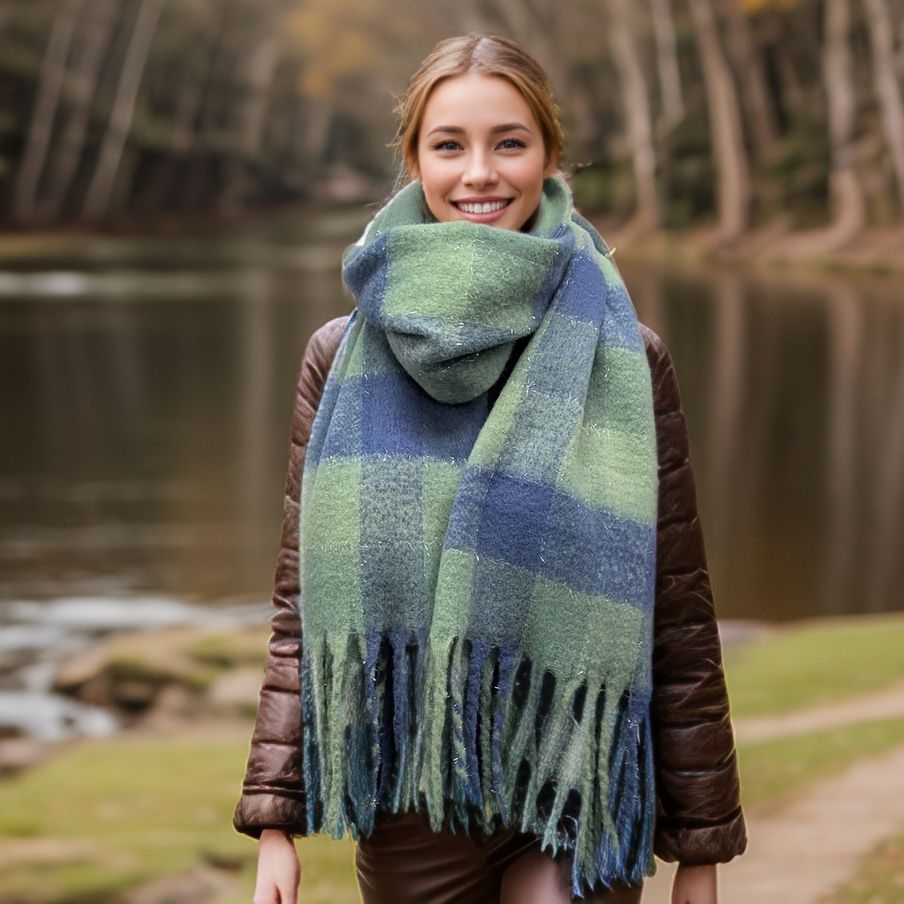 Agung - Super Thick Boxes Scarf Sage &amp; Royal Blue