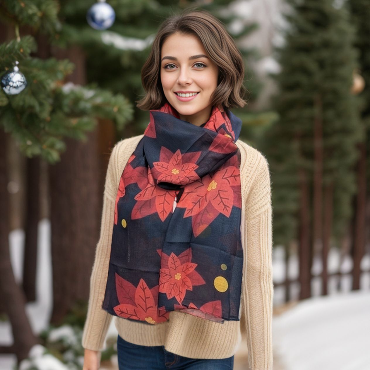 Poinsettia Scarf Navy Blue