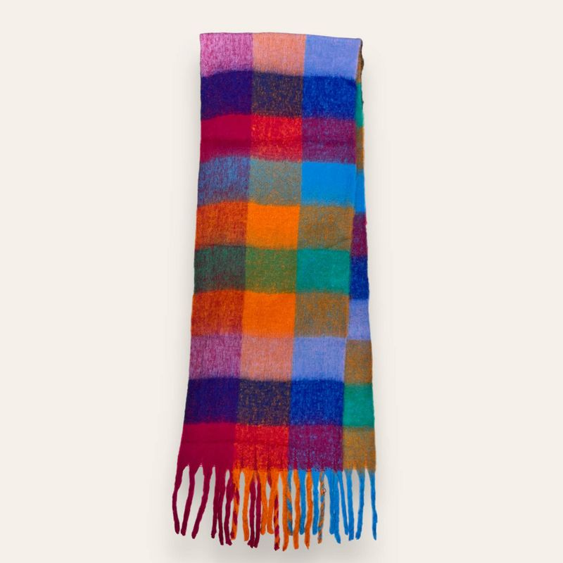 Soft Check Blanket Scarf With Tassels