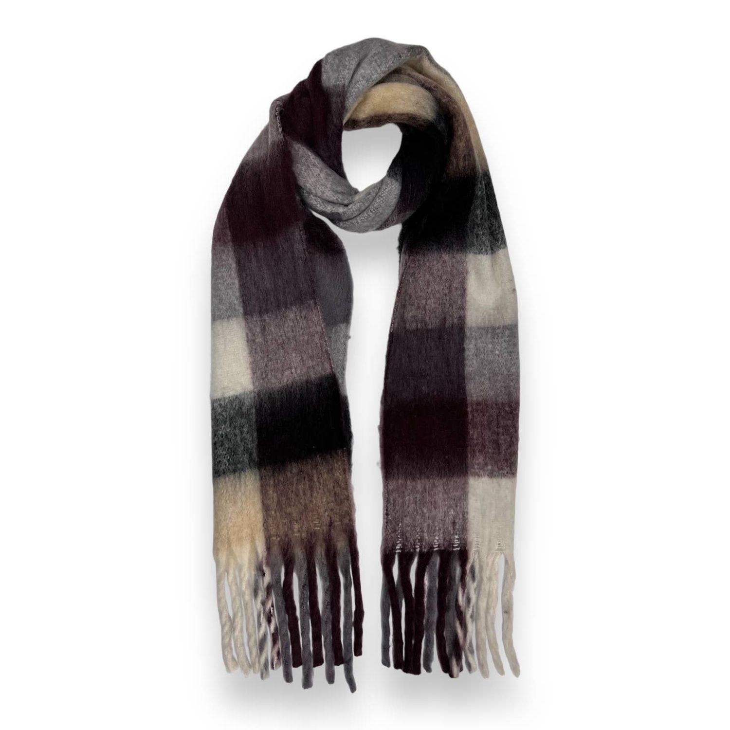 Soft Check Blanket Scarf With Tassels, Color: Coffee