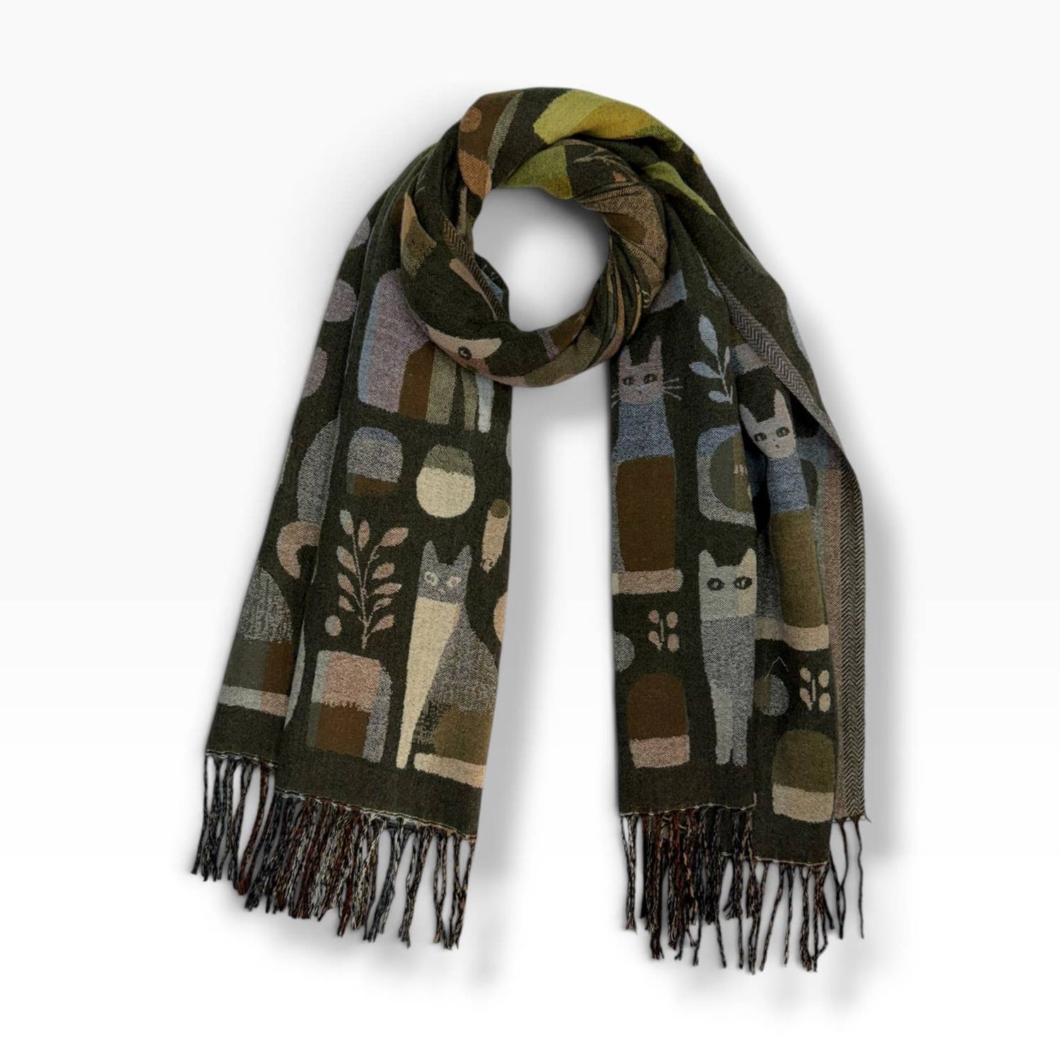 Scarf Cat Pattern With Tassel, Color: Green