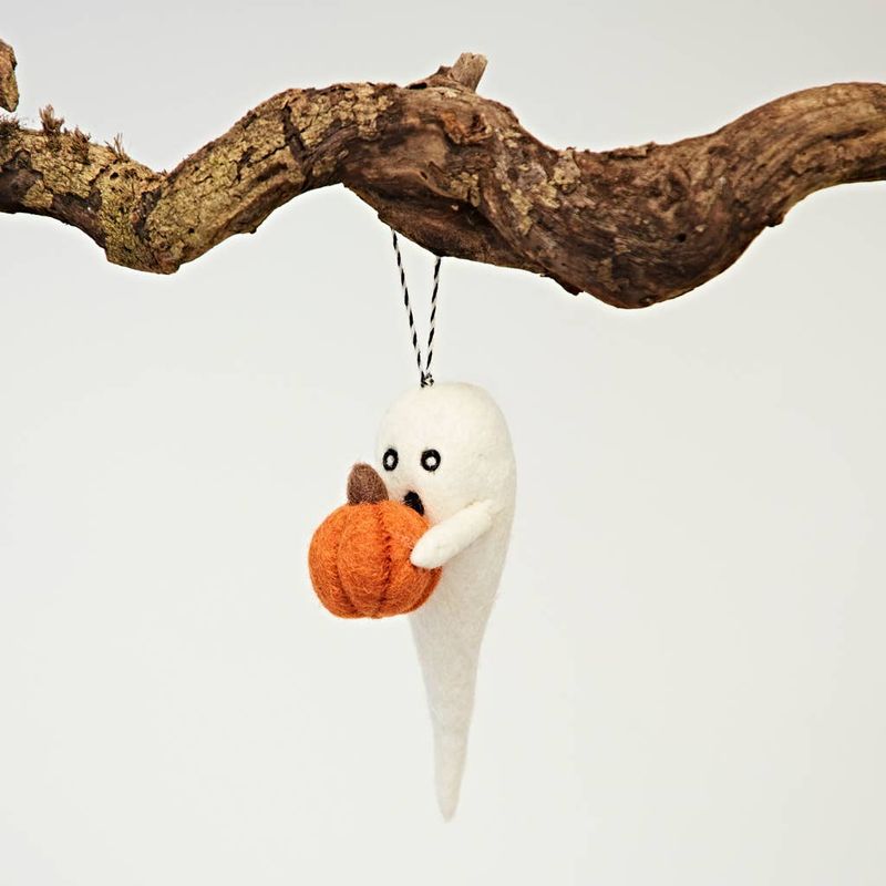 Felt Ghost with Pumpkin Hanging Decoration - Handmade