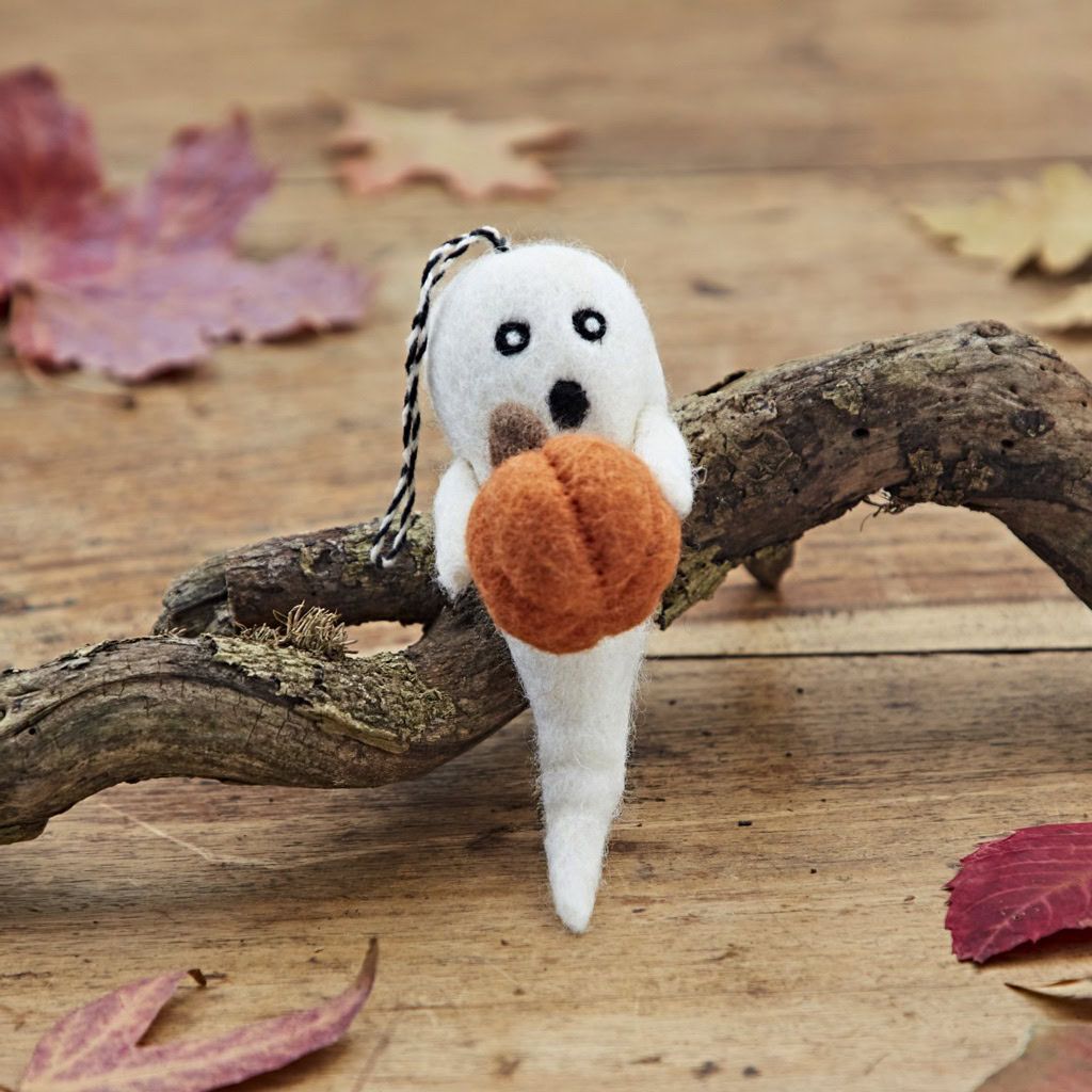Felt Ghost with Pumpkin Hanging Decoration - Handmade