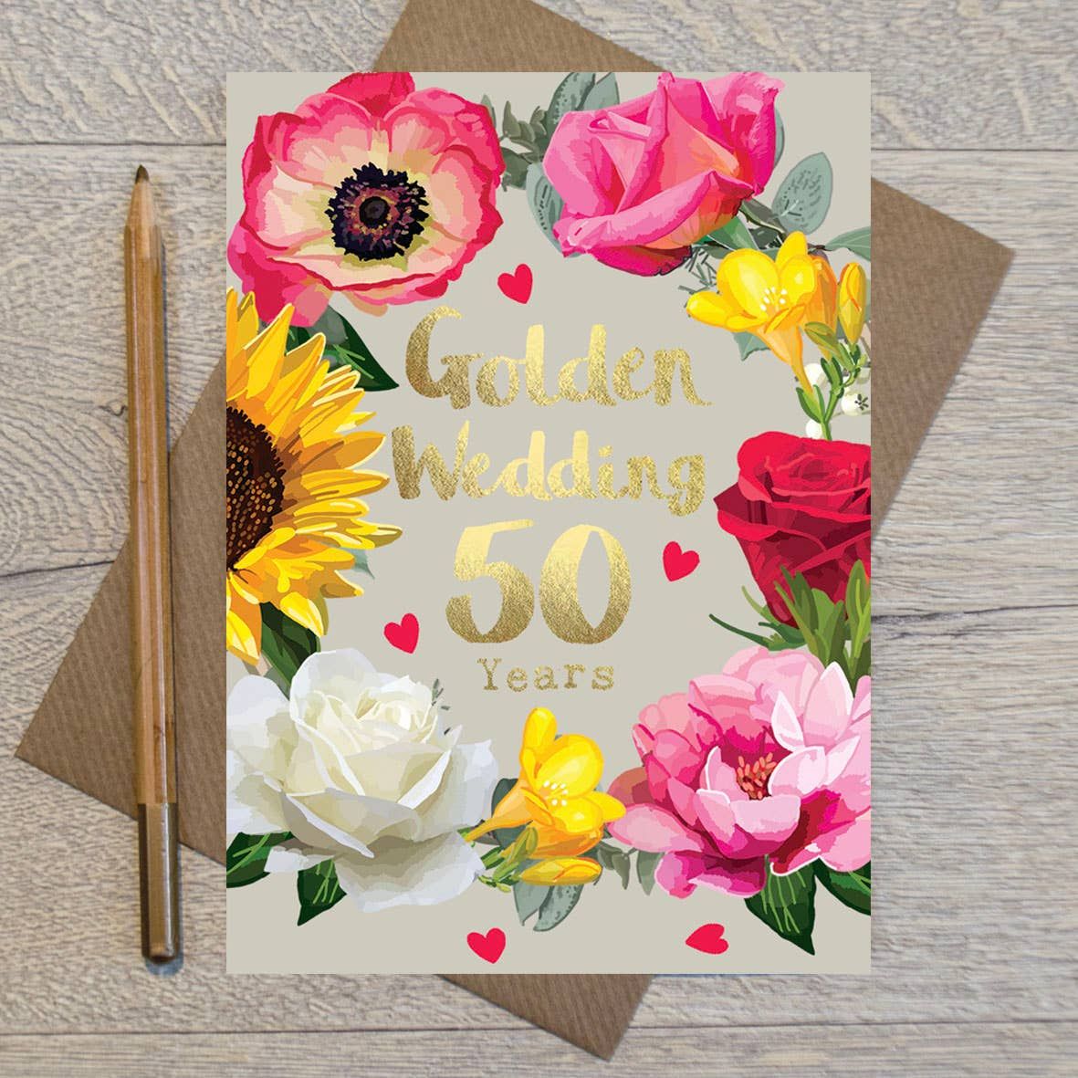 Golden Wedding  50 Years Floral Gold Foiled Anniversary Card