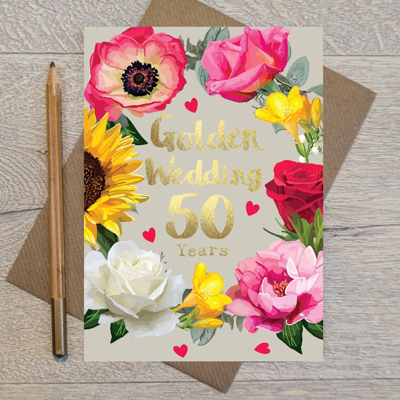 Golden Wedding  50 Years Floral Gold Foiled Anniversary Card