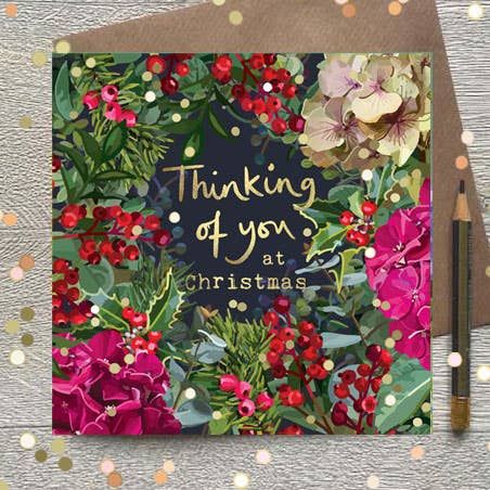 Thinking of You At Christmas Floral Wreath Christmas Card