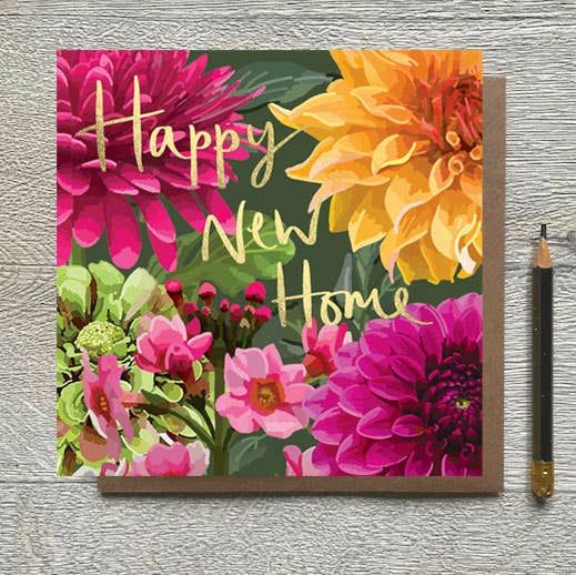 Happy New Home Dahlias Gold Foiled New Home Card