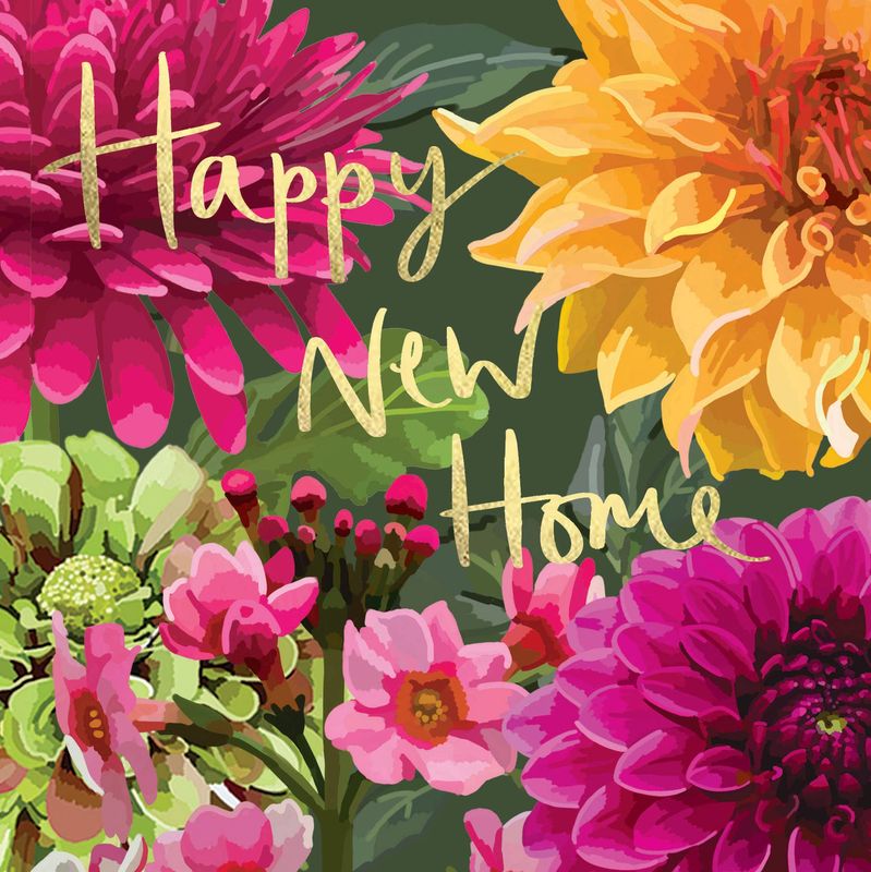 Happy New Home Dahlias Gold Foiled New Home Card