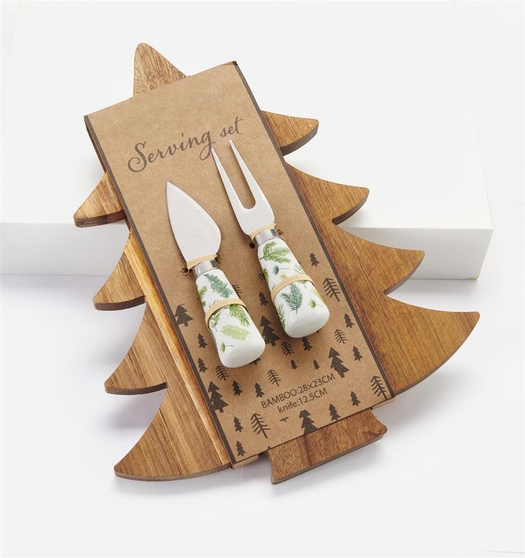 Wood Christmas Tree Cutting Board With Knife &amp; Fork Set
