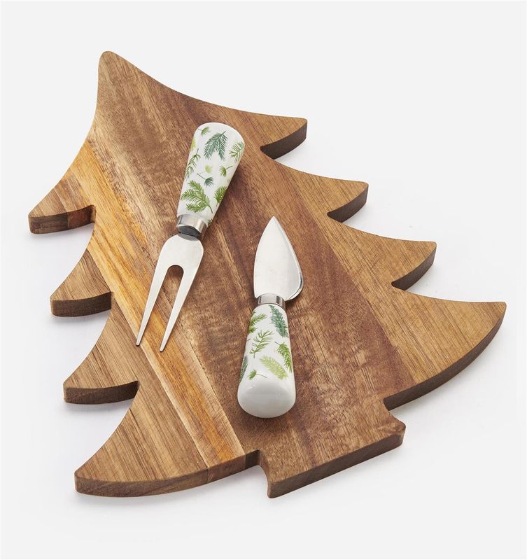 Wood Christmas Tree Cutting Board With Knife &amp; Fork Set