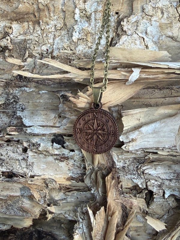 Compass Rose Wood Pendant Necklace