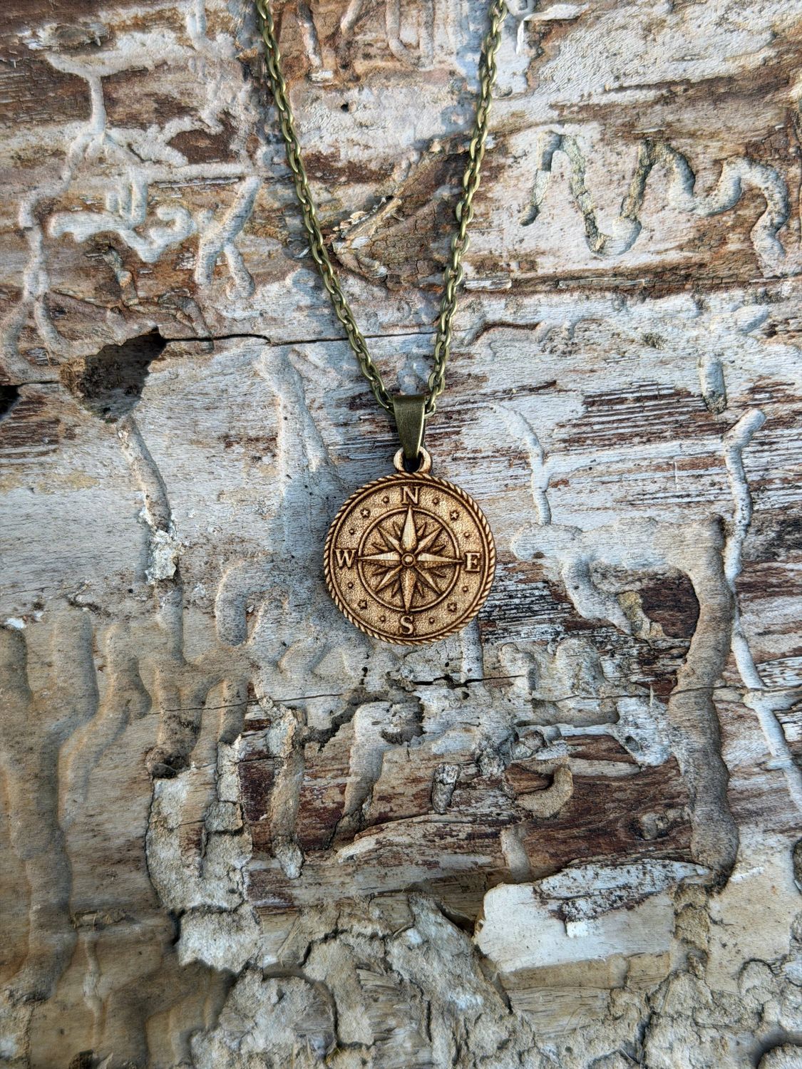 Compass Rose Wood Pendant Necklace, Wood Type: Eastern Maple