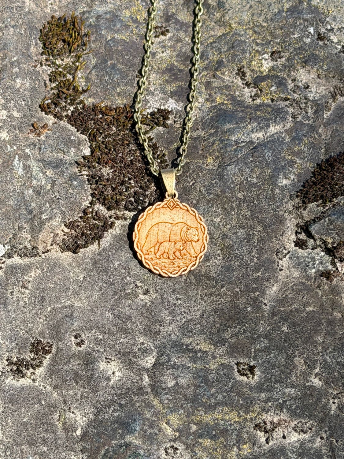 Bear &amp; Cub Wood Pendant Necklace, Wood Type: Eastern Maple