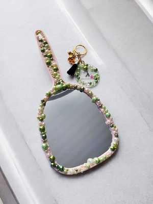 Mirror with green pearls and rhinestone