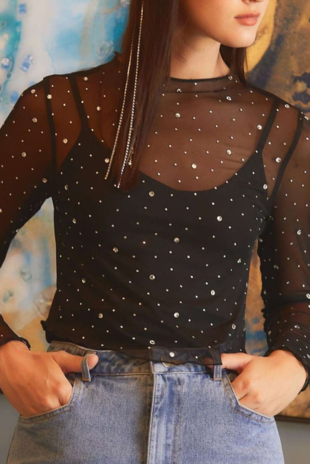 Rhinestone Mesh Top