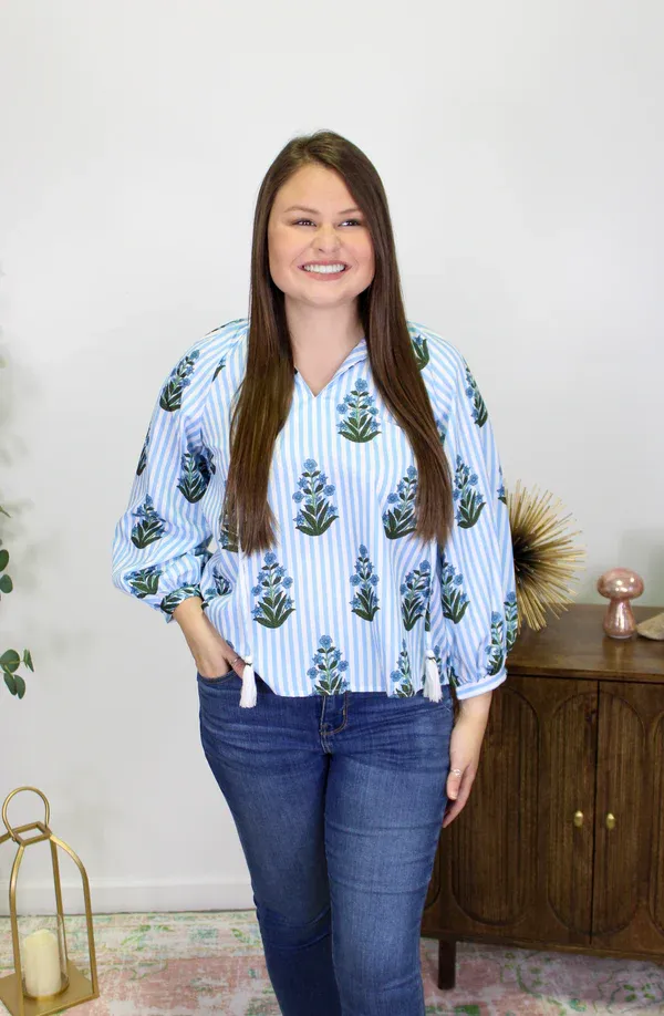 Blue Striped Floral Blouse