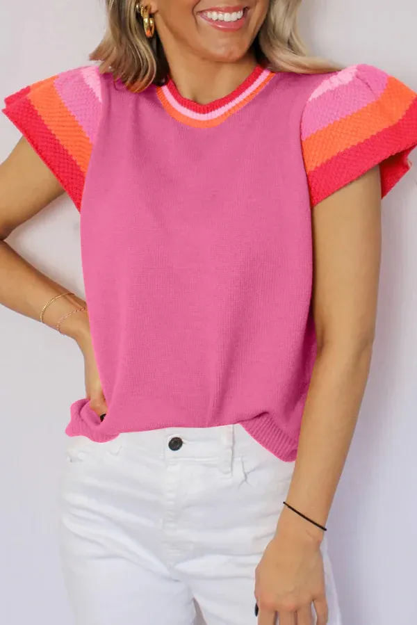 Pink Sweater with Contrast Flutter Sleeve