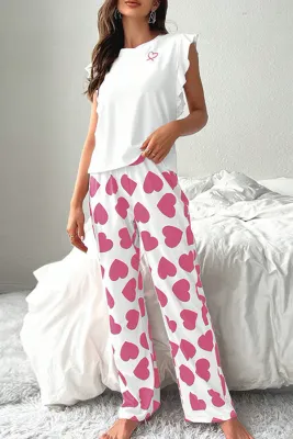 Ruffled Heart Print Louge Set