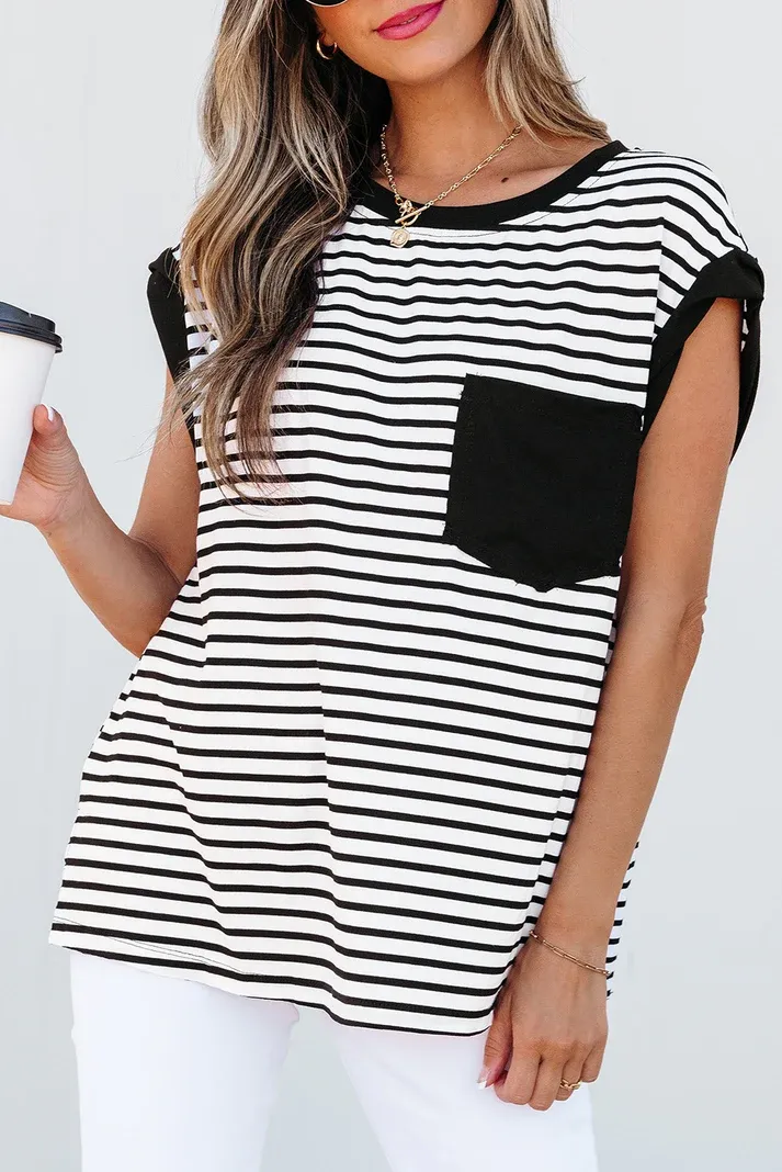 Black Striped Pocket Tank