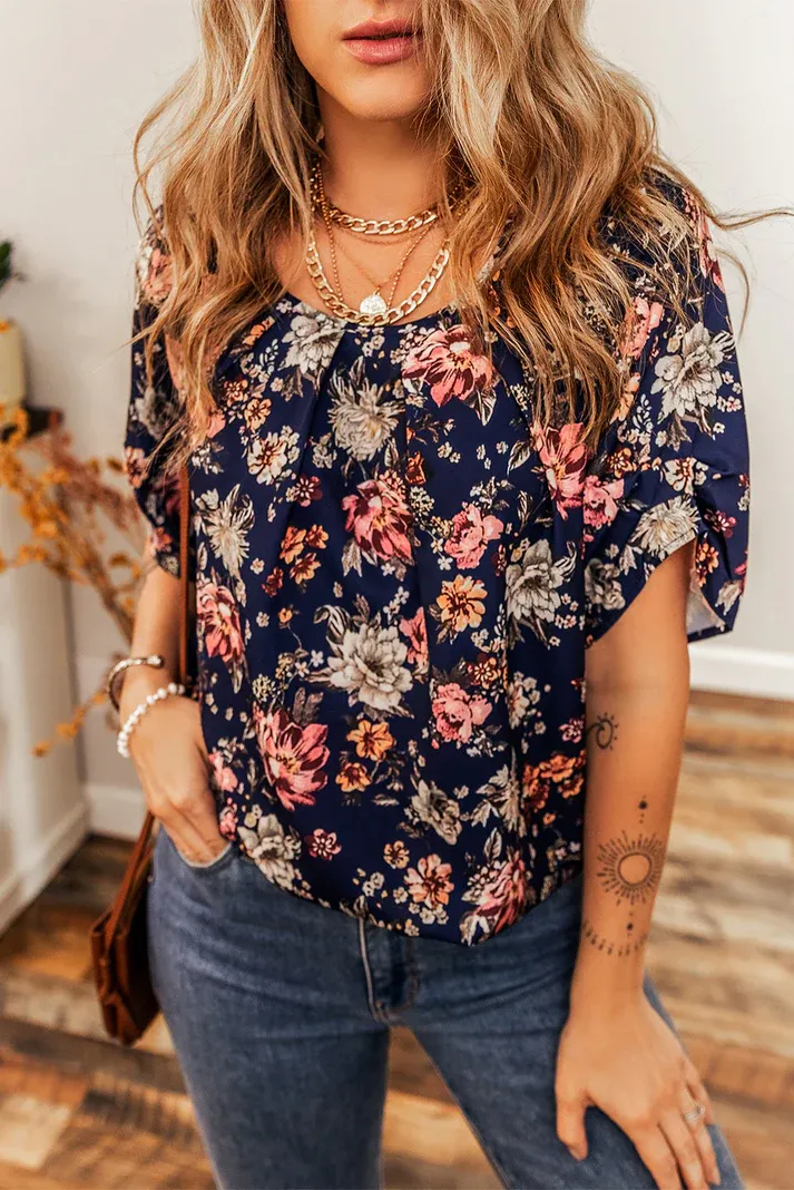 Blue Floral Casual Blouse