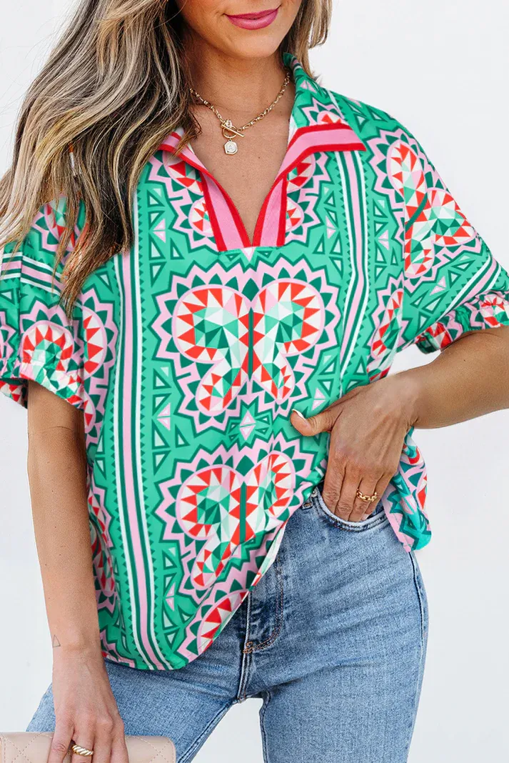 Green Abstract V-Neck