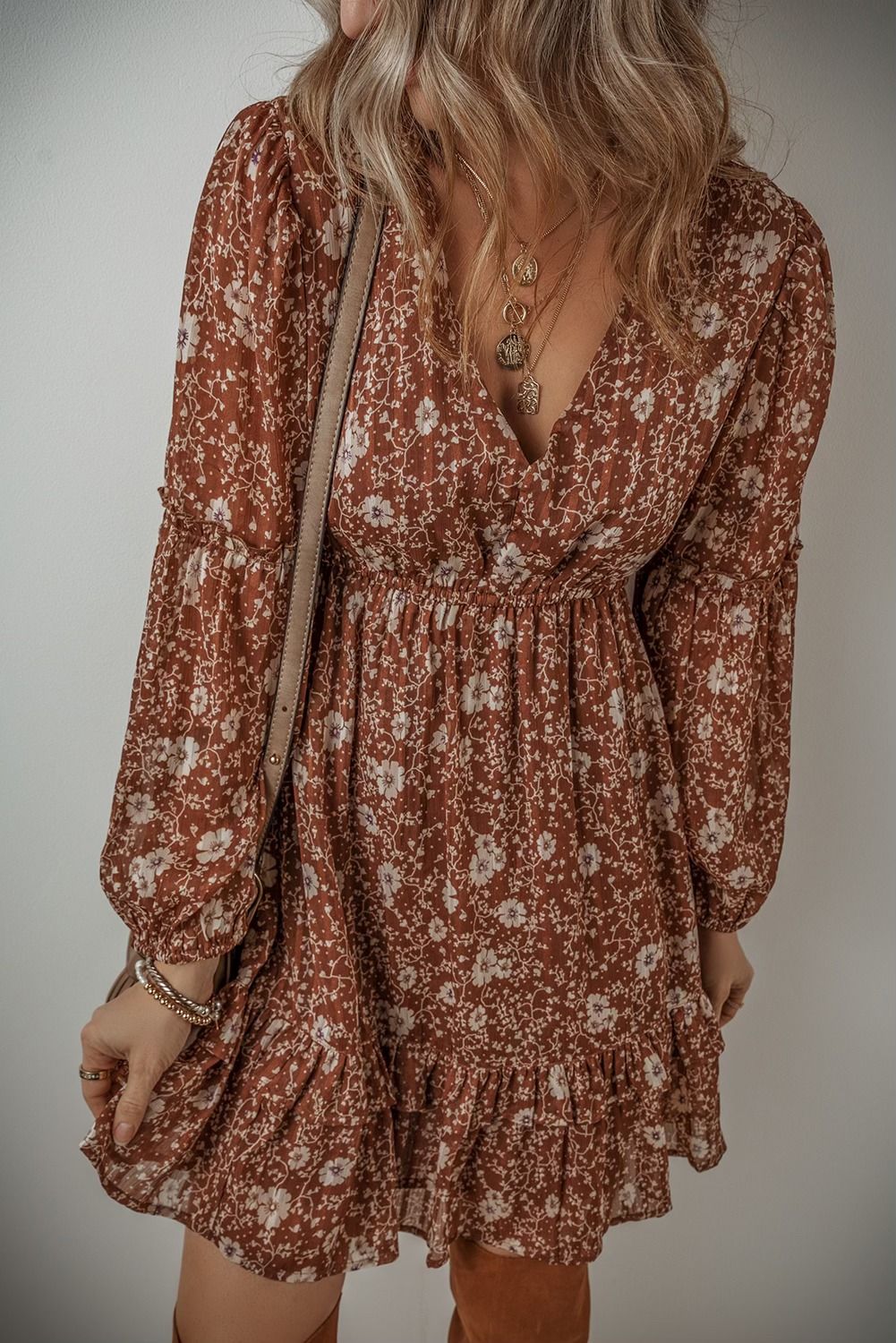 Brown Boho Floral Mini Dress