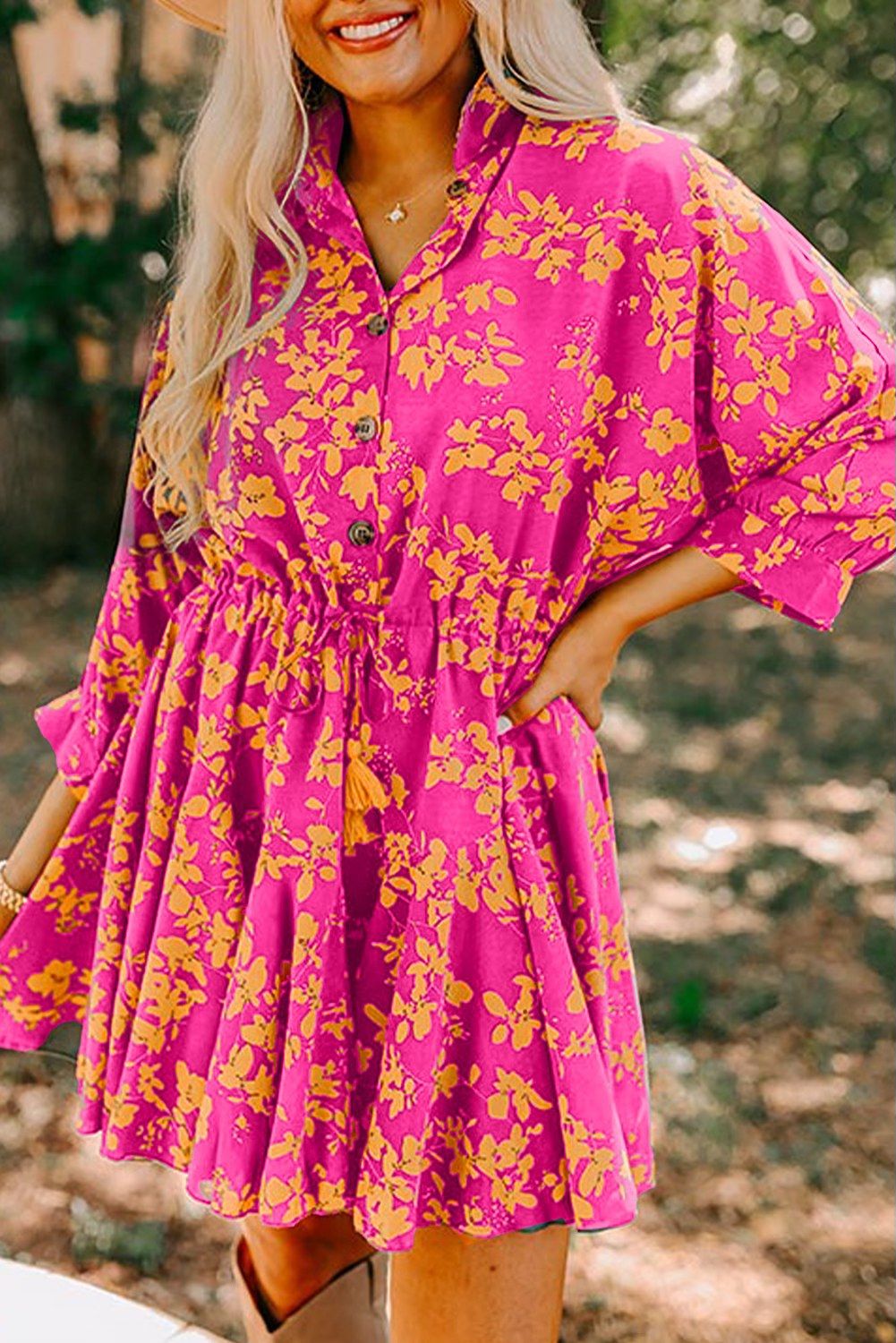 Pink Floral Drawstring Dress