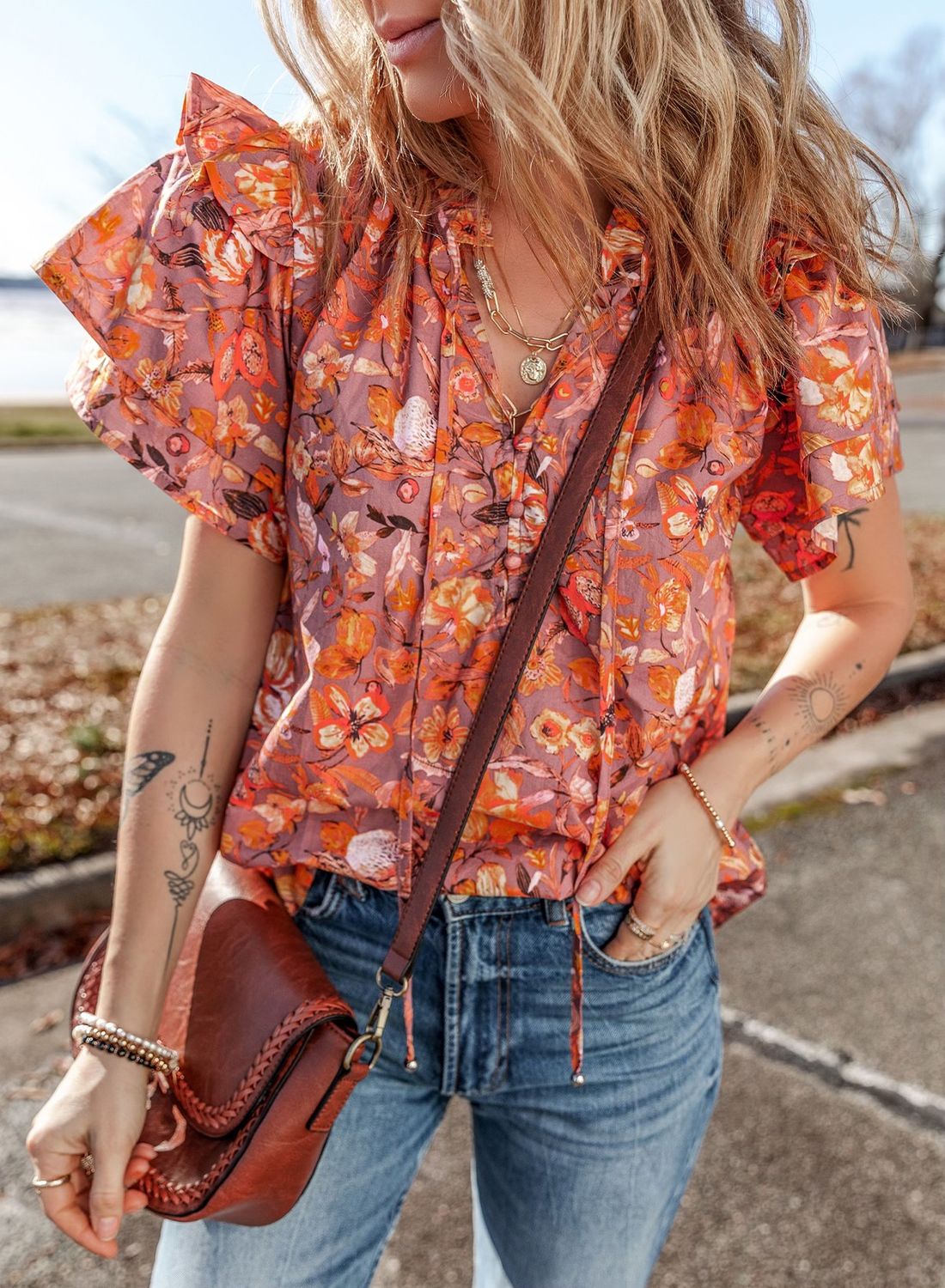 Orange Floral Frilled Blouse