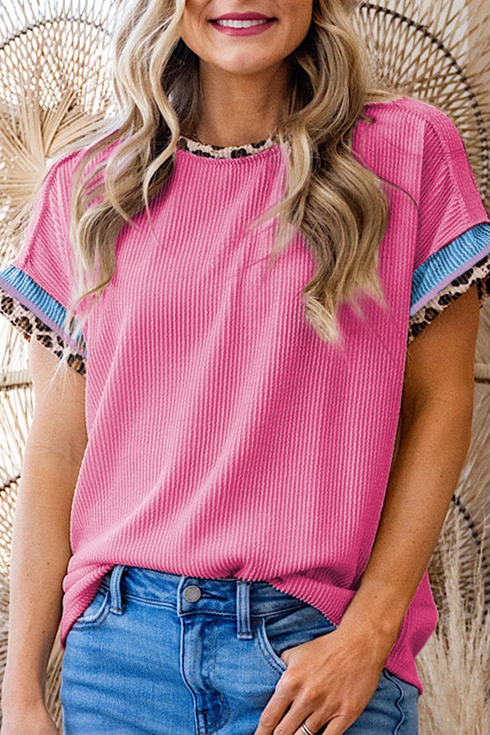 Pink Leopard Corded Knit Top
