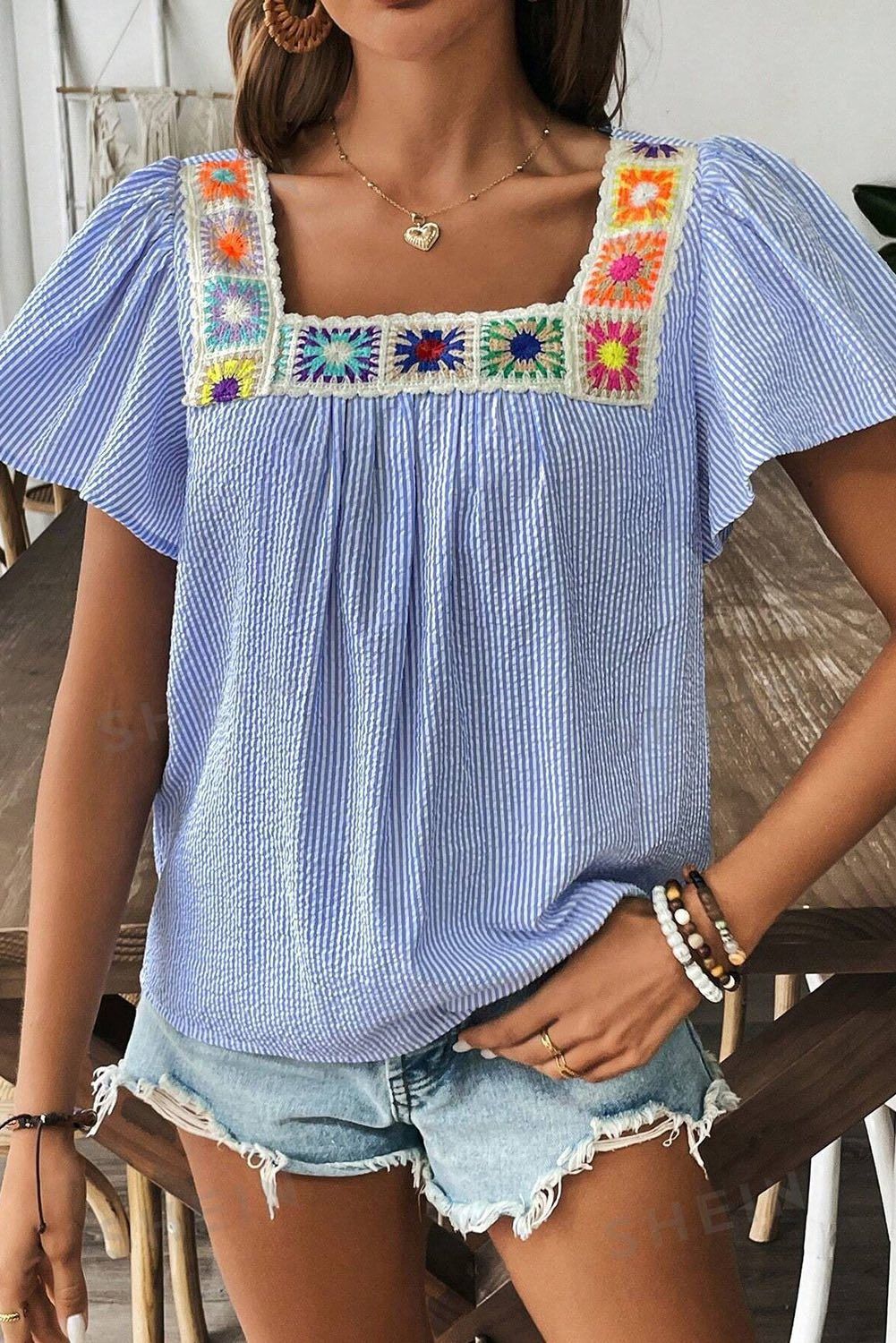 Blue Stripe Boho Flower Blouse