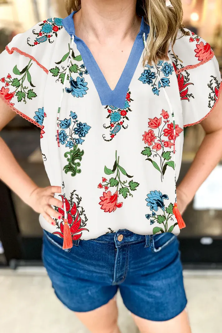 White Floral Contrast Blouse