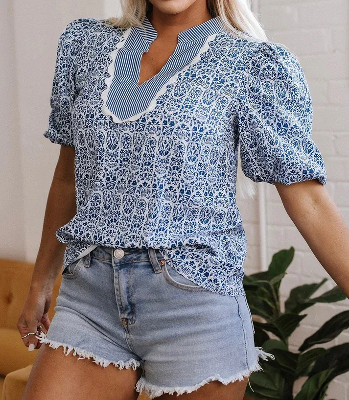 Blue Ric Rac Floral Top