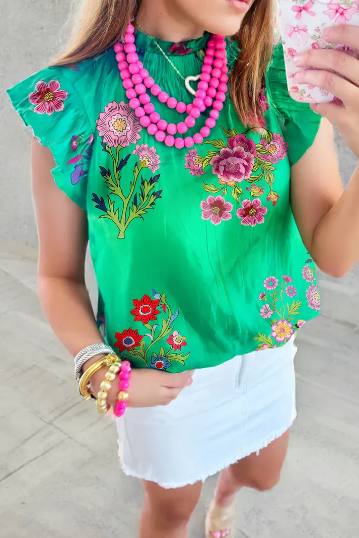 Green Floral Flutter Blouse