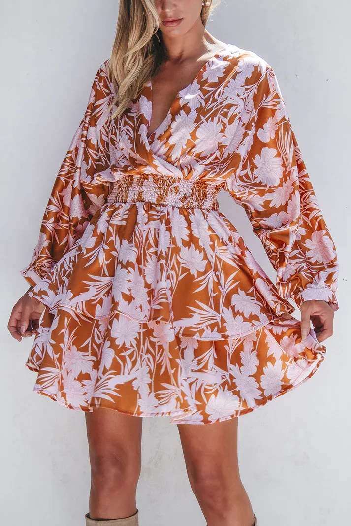Brown Floral Smocked Dress